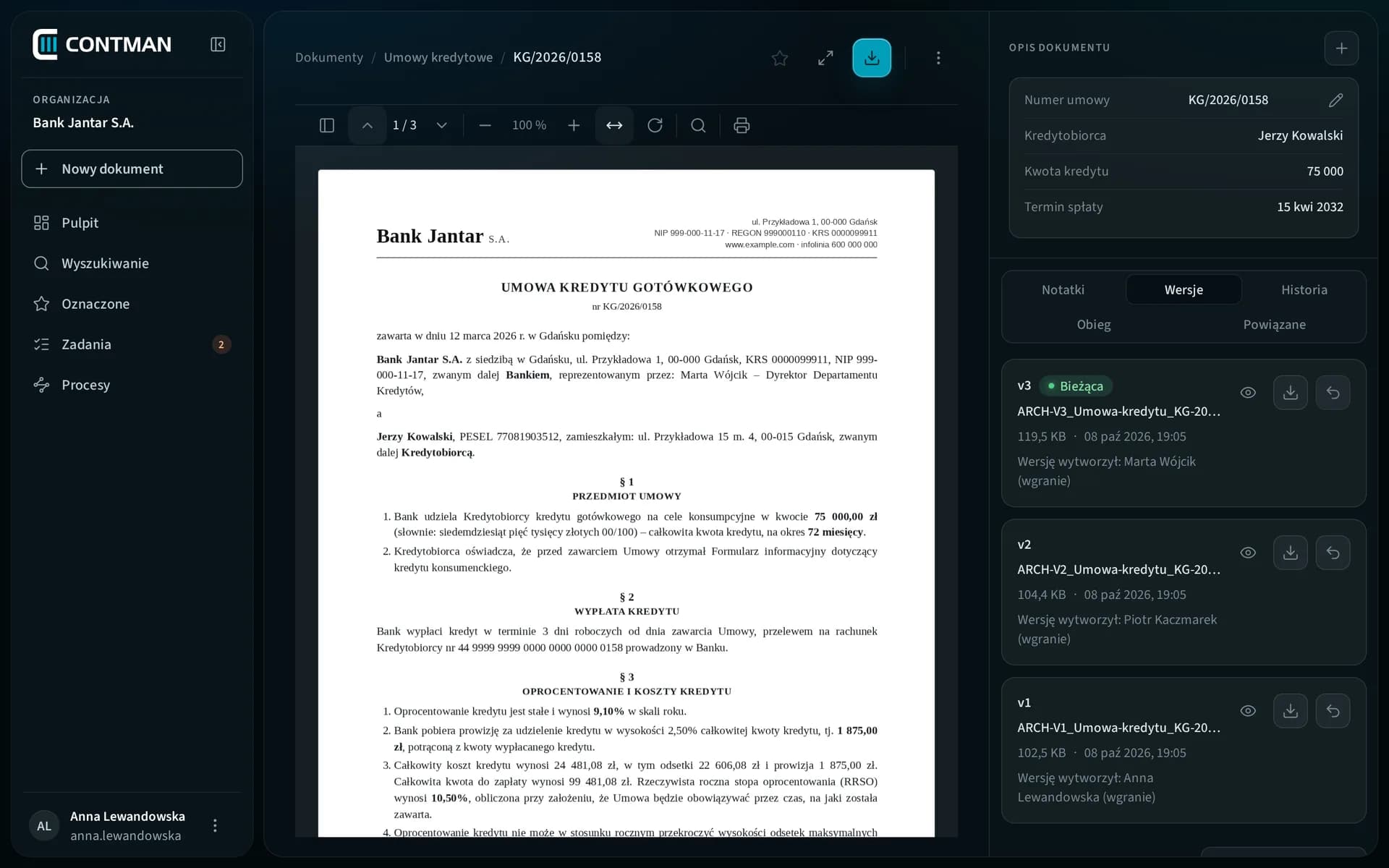CONTMAN Archive: umowa kredytu gotówkowego fikcyjnego Banku Jantar z opisem w polach kategorii i listą trzech wersji pliku