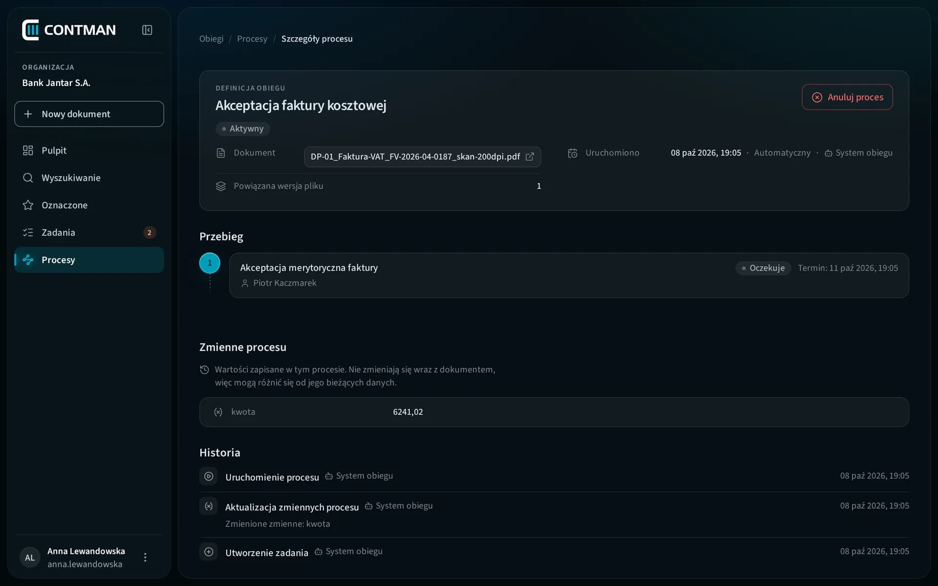 CONTMAN Workflow: przebieg akceptacji faktury kosztowej, uruchomionej automatycznie po zarchiwizowaniu skanu i czekającej na decyzję